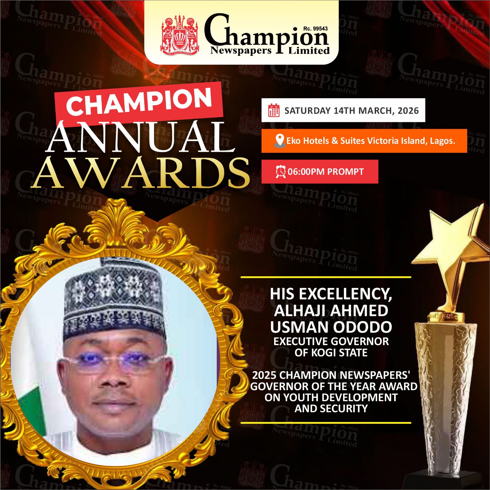 Ododo Wins Champion Newspapers 2025 Governor of the Year Award on Youth Development, Security