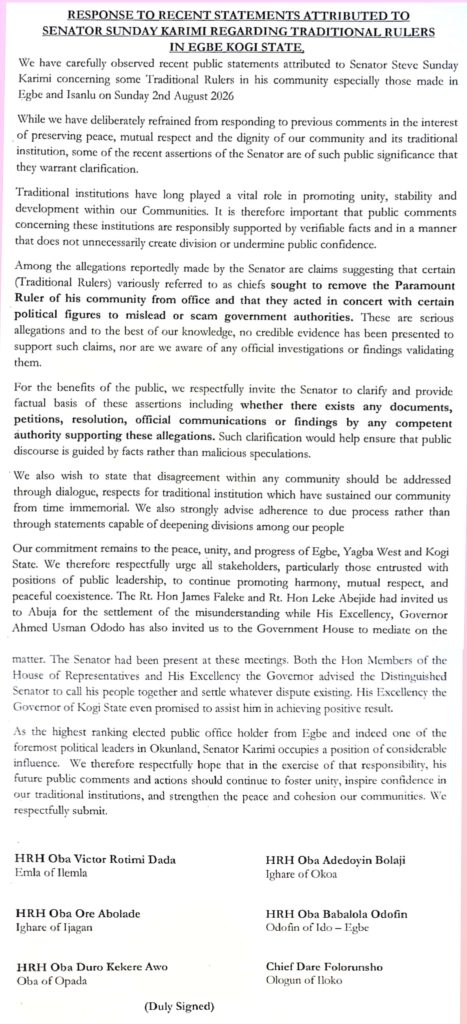 Response to Recent Statements Attributed to Senator Sunday Karimi Regarding Traditional Rulers in Egbe, Kogi State.